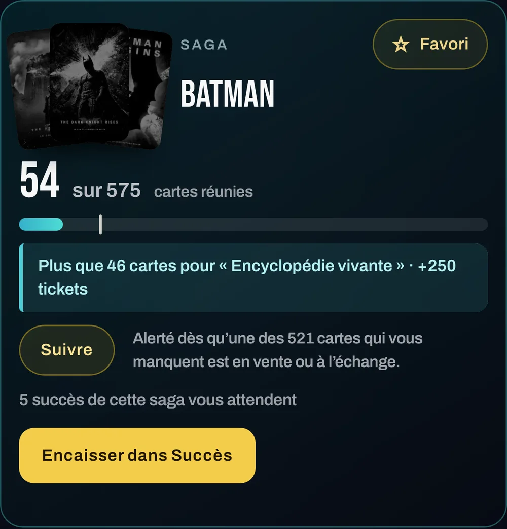 L’en-tête de l’album Batman : l’étoile Favori en haut à droite, Suivre sous la jauge