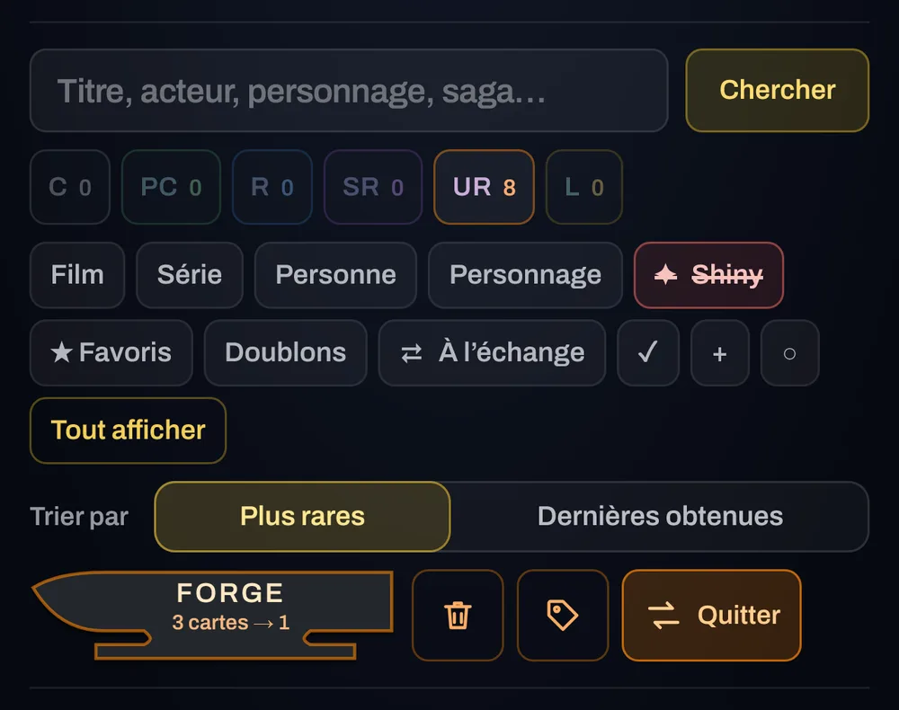 Les filtres de la collection : « Shiny » rouge et barré (sans les shiny), et la ligne des modes en icônes