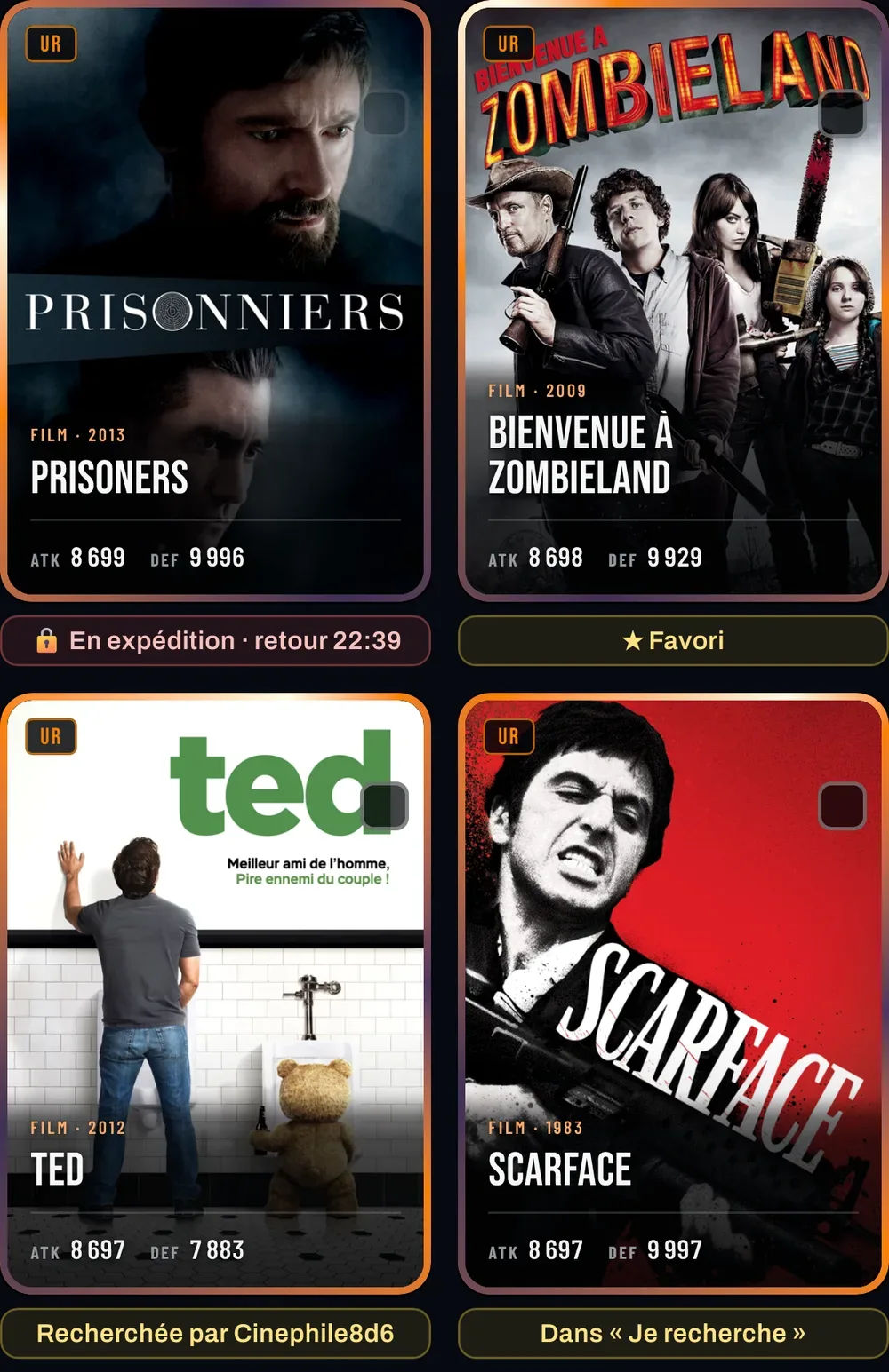 La forge : sous les cartes, « En expédition · retour 22:39 », « Favori », « Recherchée par Cinephile », « Dans Je recherche »