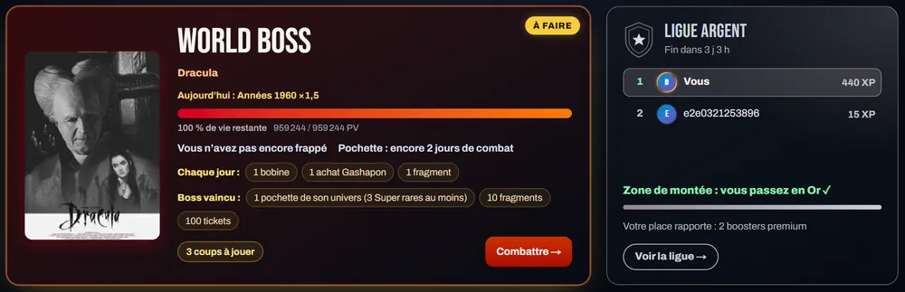 Le salon des mini-jeux : le World Boss avec « À faire » et, à droite, la carte de la ligue