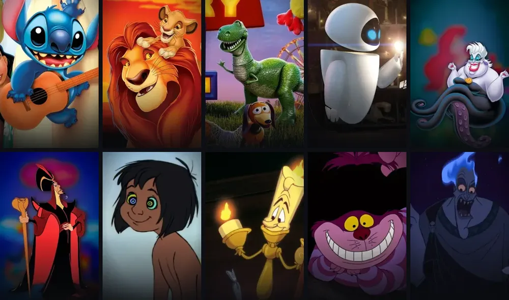 Dix cartes de personnages avec leur nouvelle image : Stitch, Mufasa, Rex, EVE, Ursula, Jafar, Mowgli, Lumière, le Chat du Cheshire, Hadès
