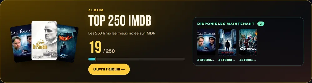 La bannière du Top 250 IMDb avec, à droite, les cartes disponibles maintenant