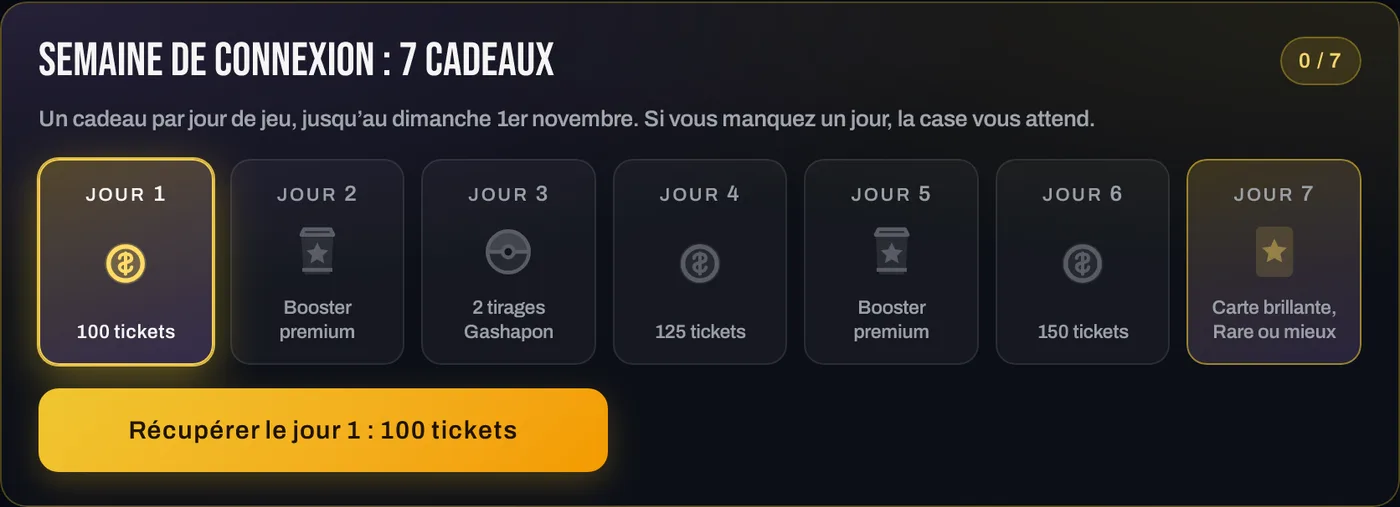 Le bloc « Semaine de connexion » sur l’étagère, avec ses 7 cases