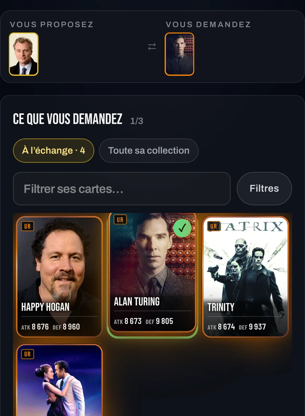 Le composeur d’échange : « À l’échange · 4 » choisi, à côté de « Toute sa collection »