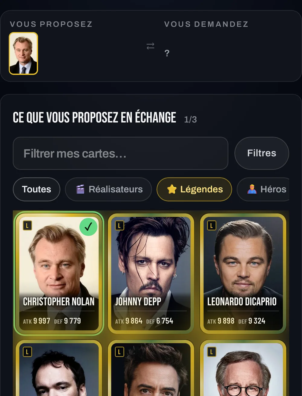 Le composeur d’échange : sous « Filtrer mes cartes », les tags Toutes, Réalisateurs, Légendes, Héros